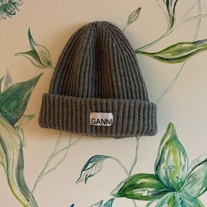 Ganni Charcoal Ribbed Knit Beanie